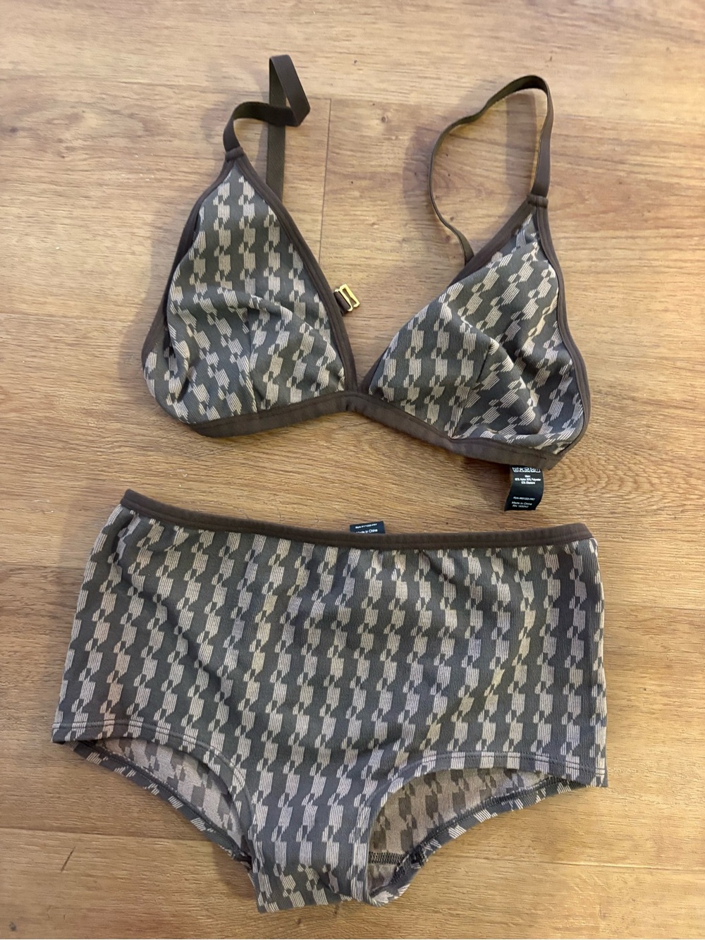 BB Triangle Bralette & Boyshort Set in Olive Houndstooth